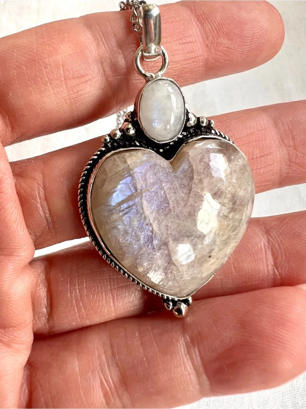 925 OMG OMG Blue Flash Peach Moonstone ❤️ Heart Pendant Necklace